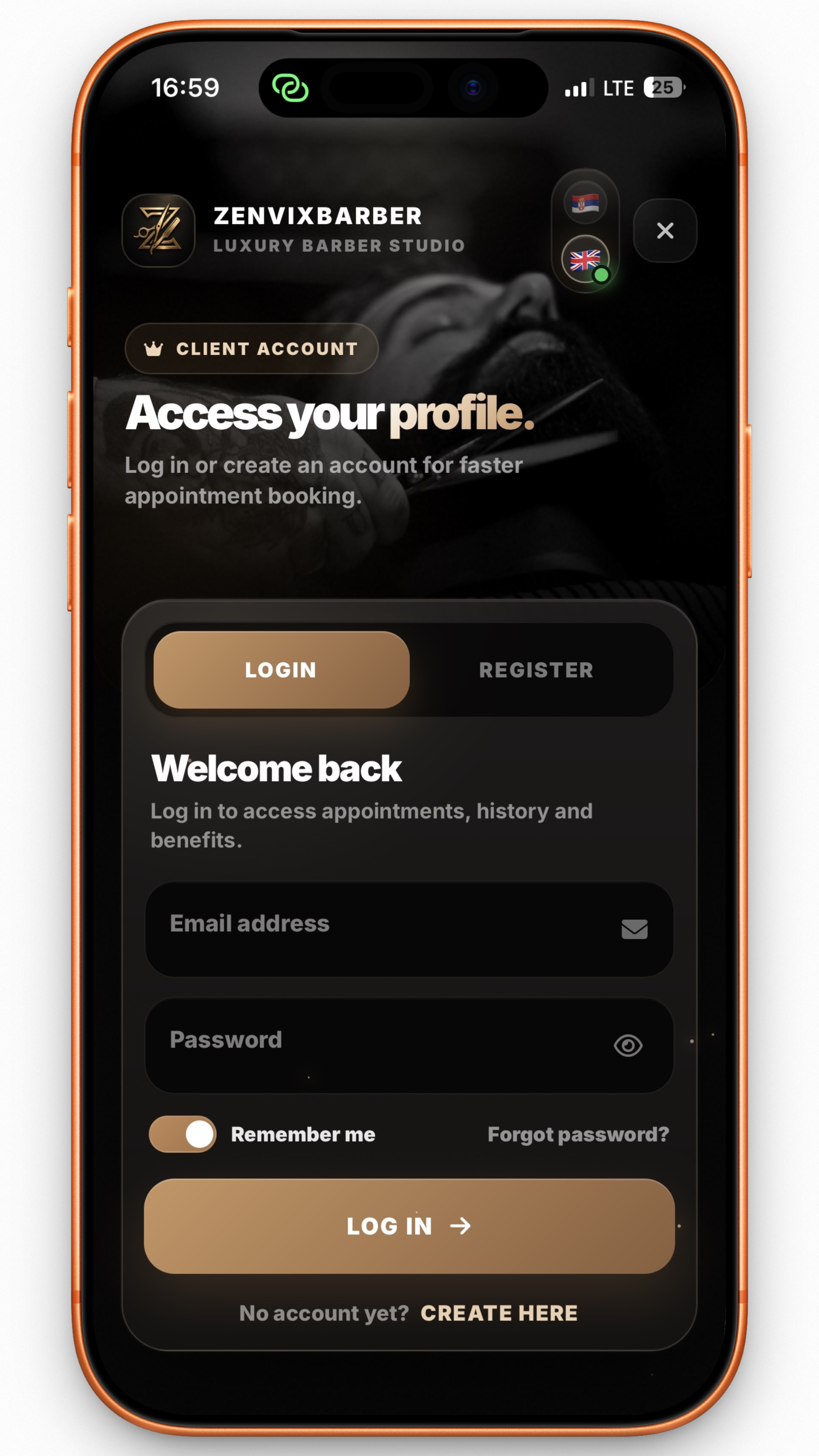 ZenvixBarber login screen